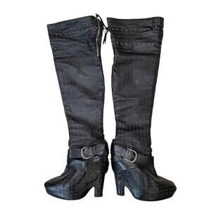 Sam Edelman Black Leather Studded Over-the-Knee Wedge Boots Buckle - Women’s 7.5